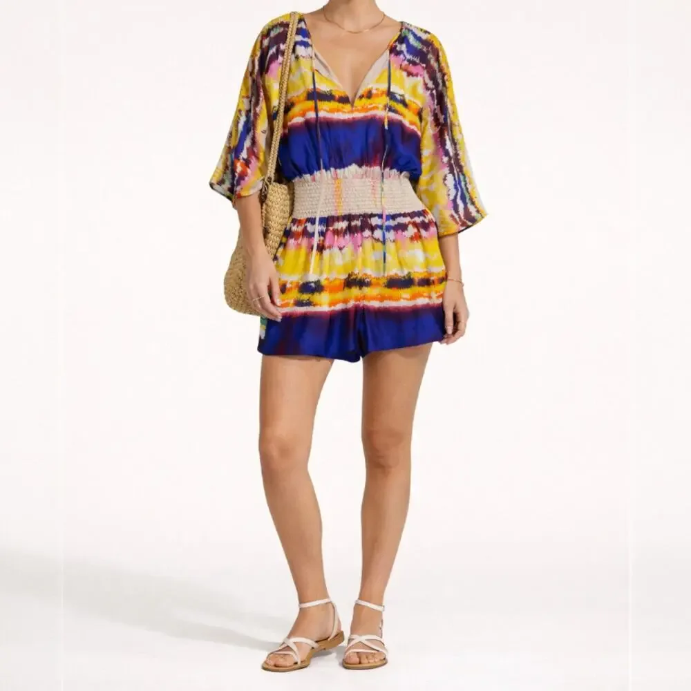 Halston Heritage Resort Vacation Silk Romper 2 Abstract Stripe Smocked Colorful
